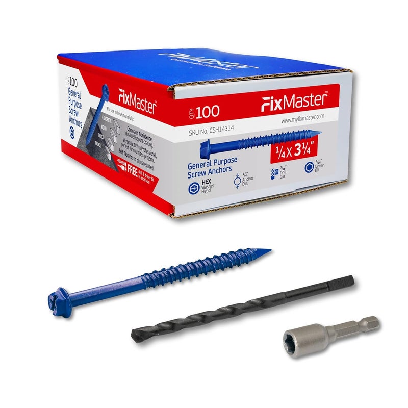 FixMaster 1/4 x 3-1/4" Hex Head Blue Concrete Screw Anchors (100 pcs Screw Kit) with one Screwdriver and Drill Bit for Concrete, Masonry, Block, Brick and Wood Fastening - Image 1